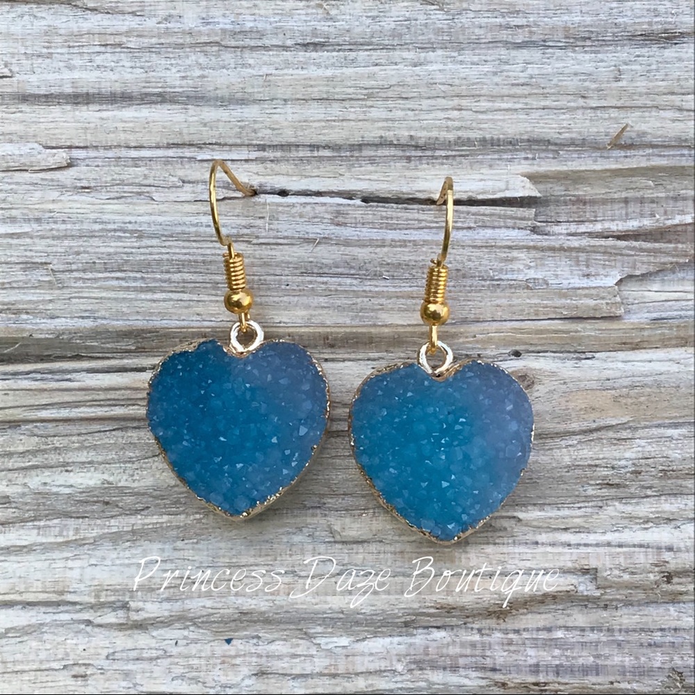 Gold Blue‎ Heart Druzy Stone Dangle Earrings